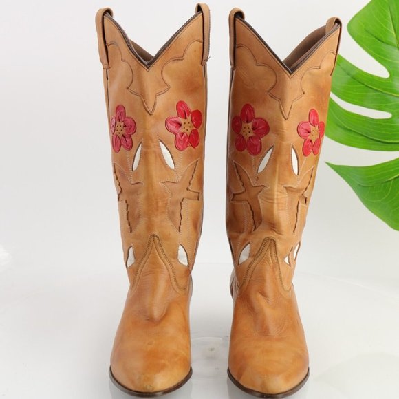 Tan Leather Heeled Boots with Red Floral Design - Picture 3 of 12